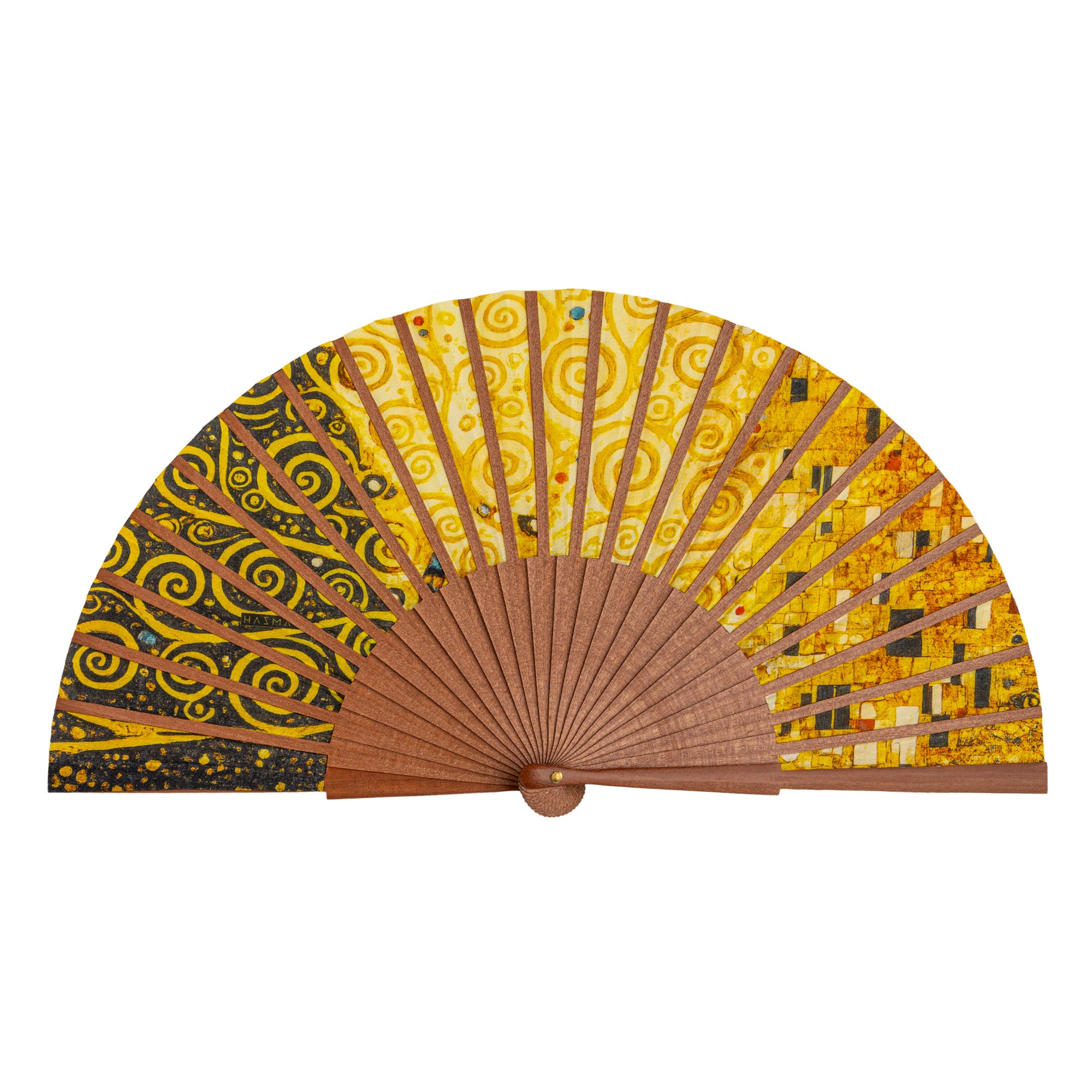 The Gustav Klimt Print Hand Fan Tree of Life II fully open, showing the Gustav Klimt Tree of Life golden print on silk with natural wooden ribs.