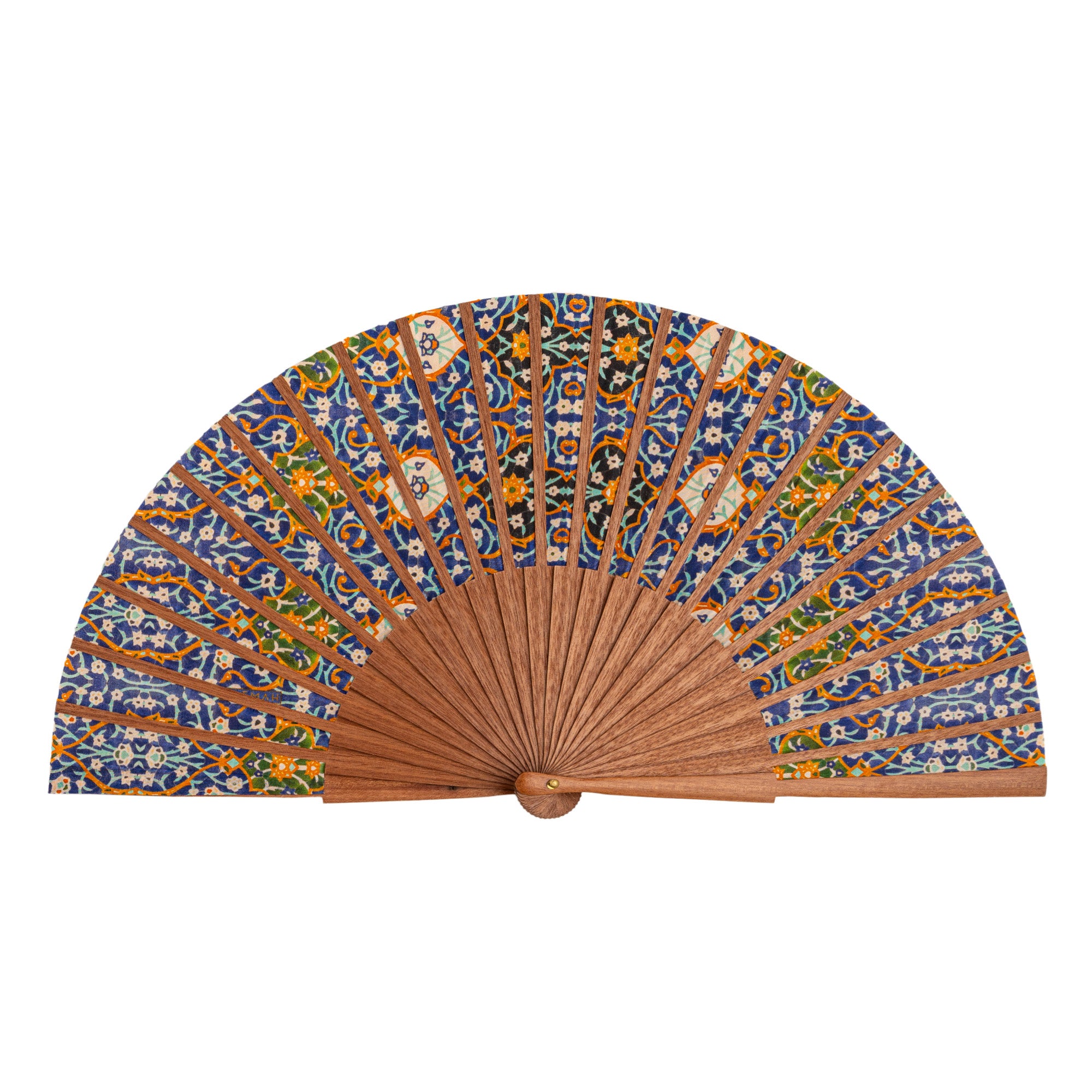 The Andalusian Mosaic Hand Fan Itr fully open, showing the Andalusian mosaic geometric print in blue and orange on silk with natural wooden ribs.