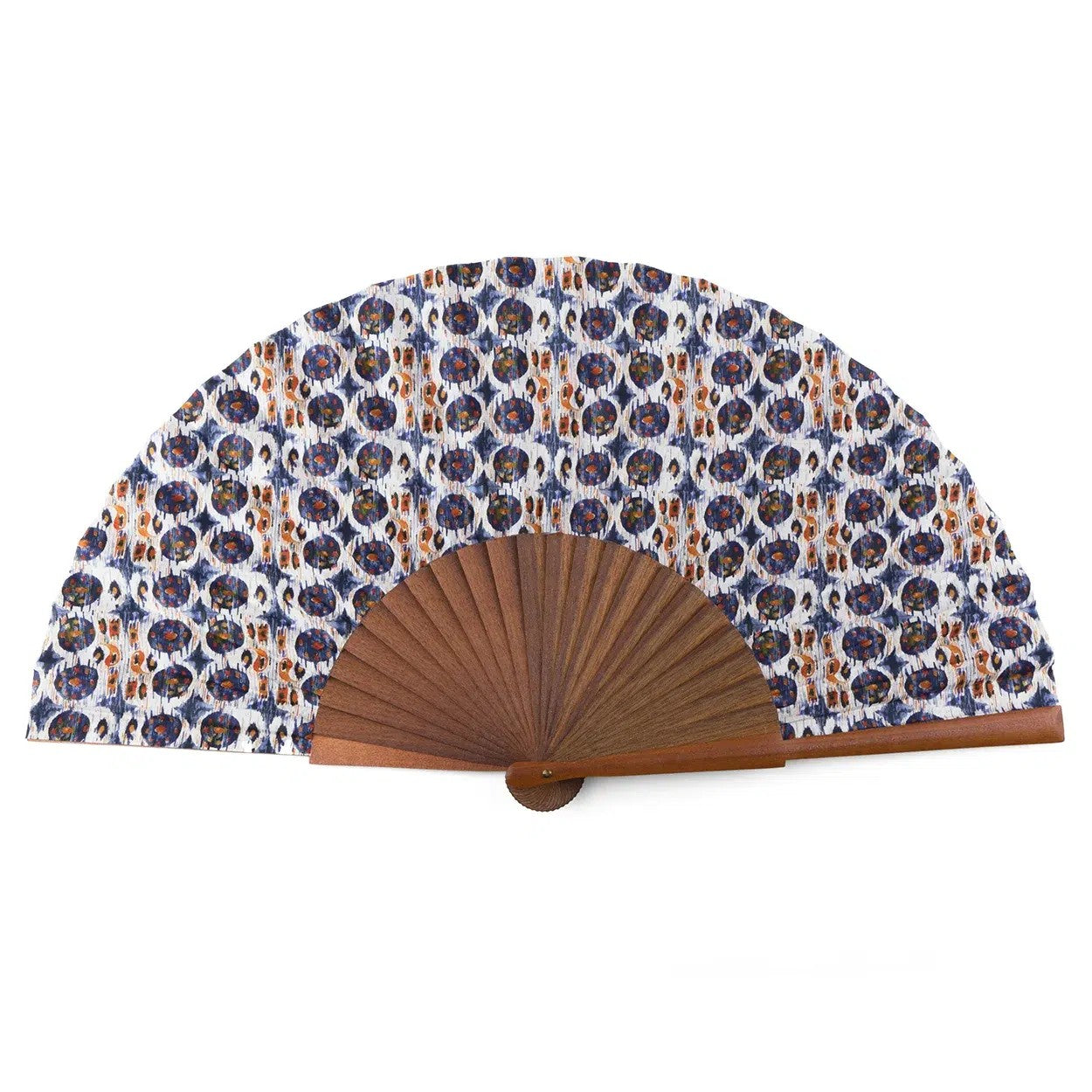 The Blue Ikat Print Hand Fan Bulan fully open, showing the blue and white Ikat print on silk with natural wooden ribs.