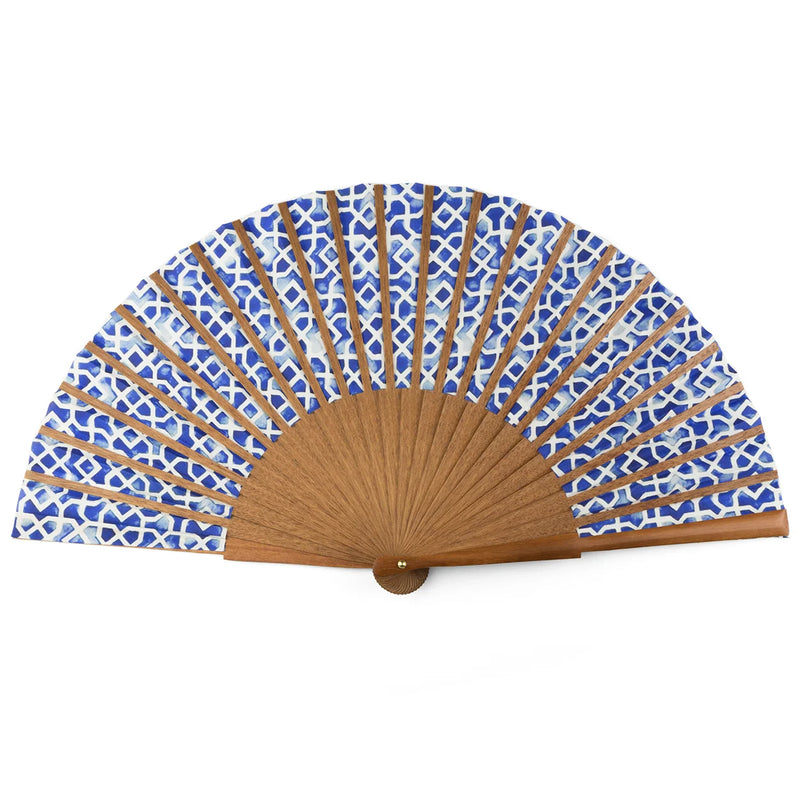 Back side of blue and white silk hand fan