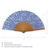 Details of composition and size of a blue silk fan inspired by Islamic art