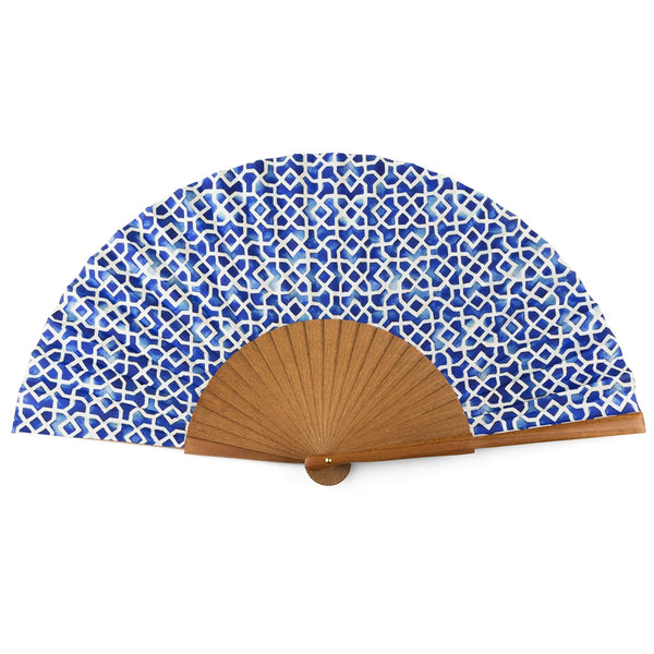 Folding silk hand fan with blue and white print inspired by Islamic Art
