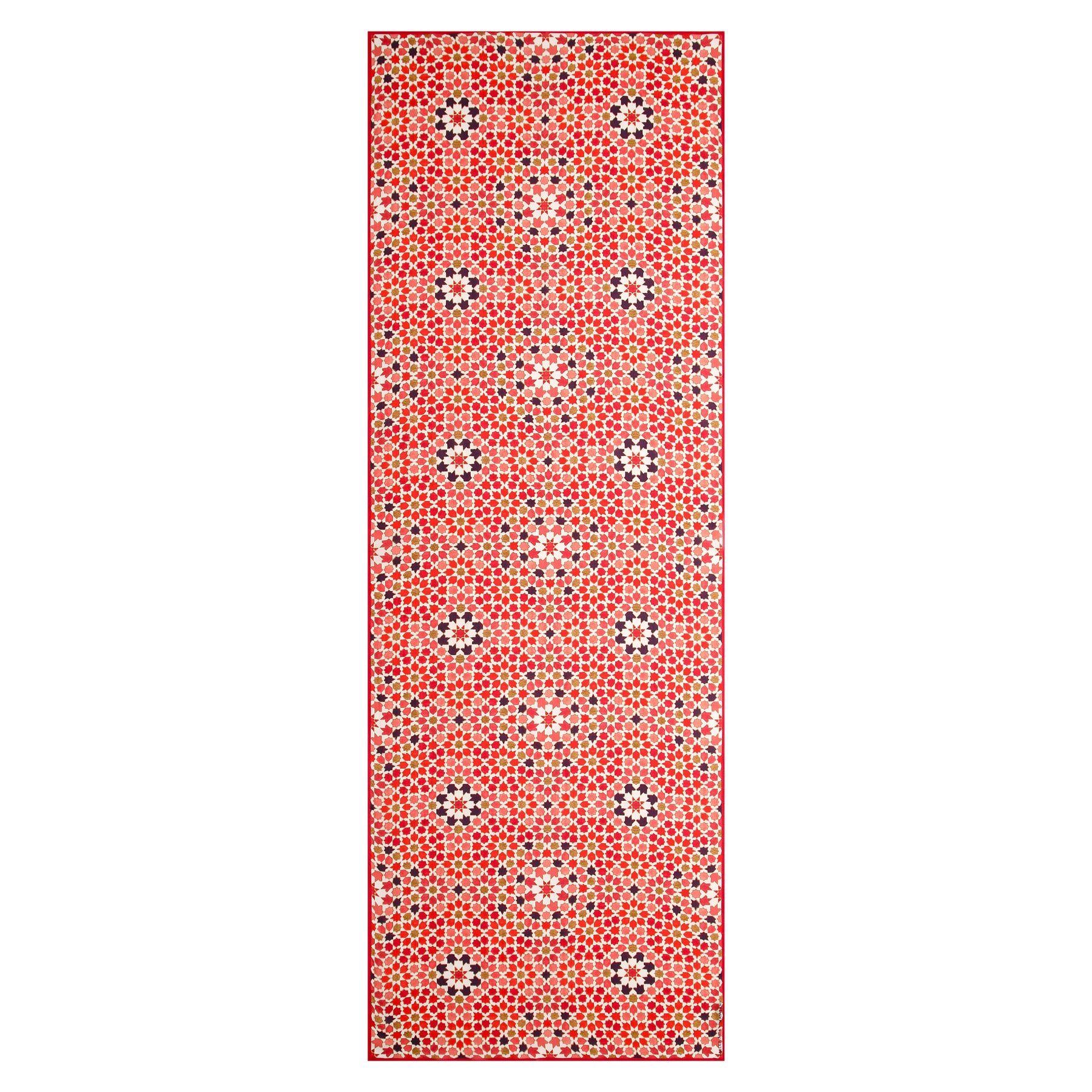 Modal hijab named "Alhambra" featuring an Islamic-inspired geometric pattern in red, blue, white, and black with repeating star and floral motifs across the entire fabric.