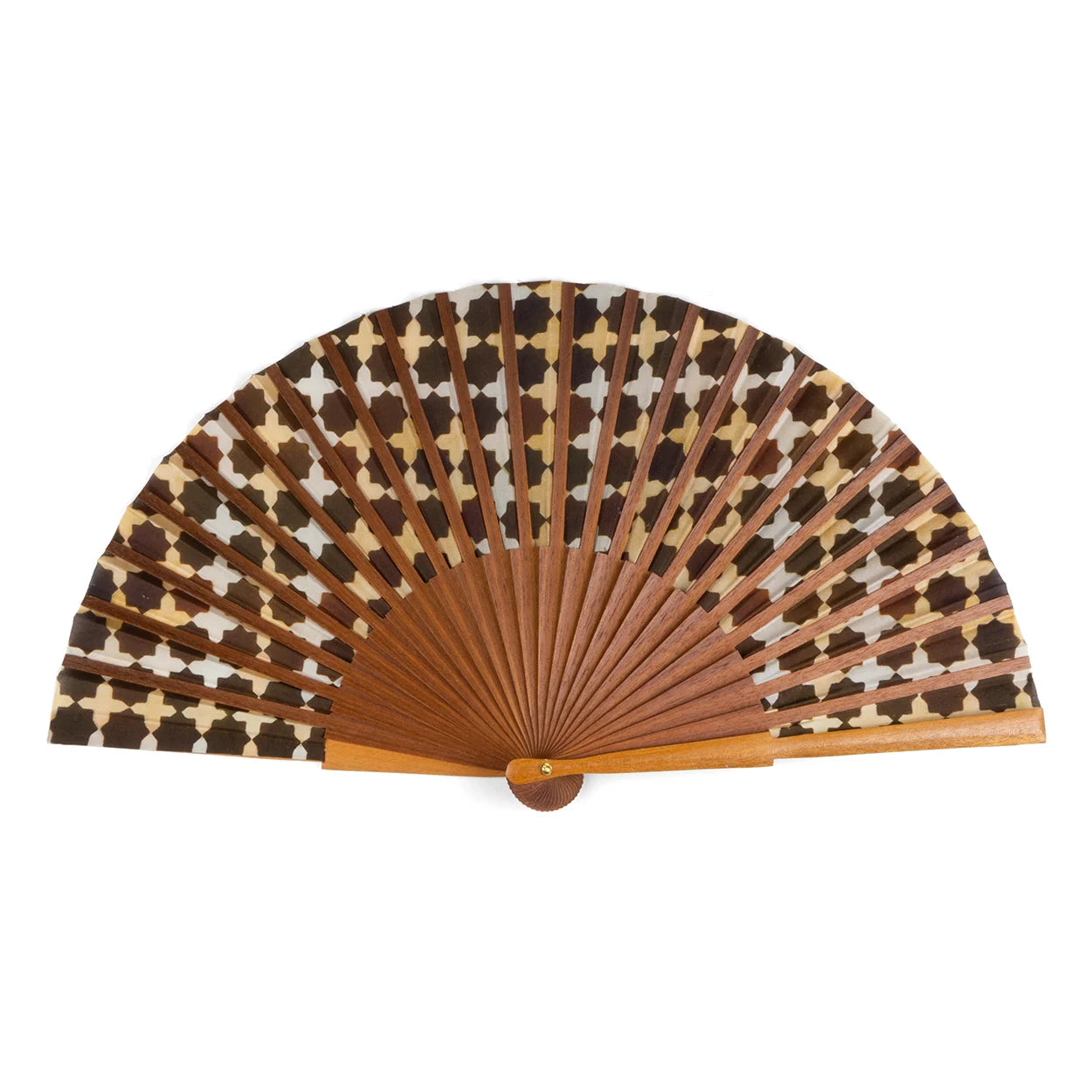 A silk fan adorned with an Andalusian geometric pattern in neutral tones of brown, gold, and cream. The fan's structure is made from durable Bocapi wood, designed for both functionality and elegance.