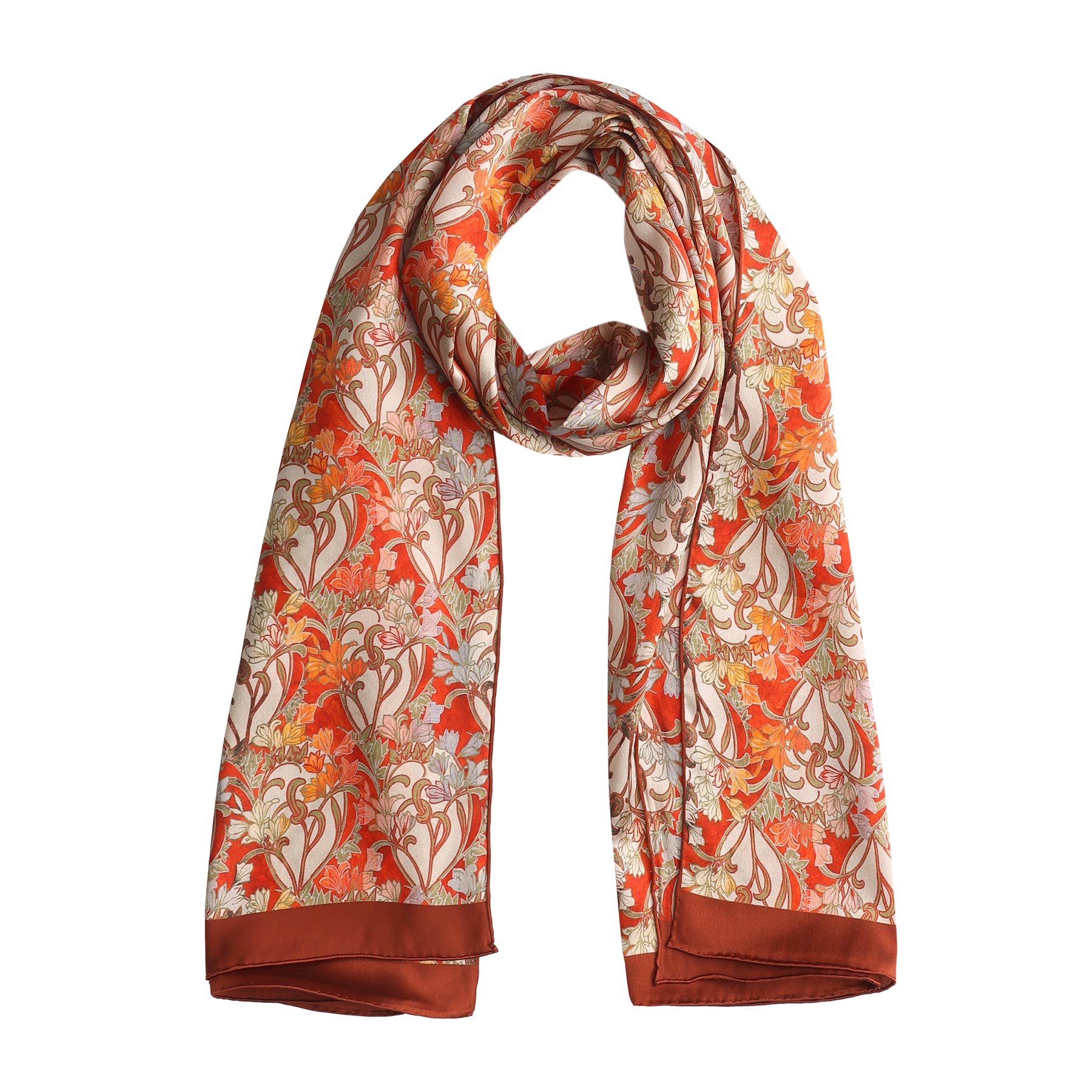 Long art deco silk scarf draped to display its bold red, orange, and pastel floral patterns, finished with a rich border.