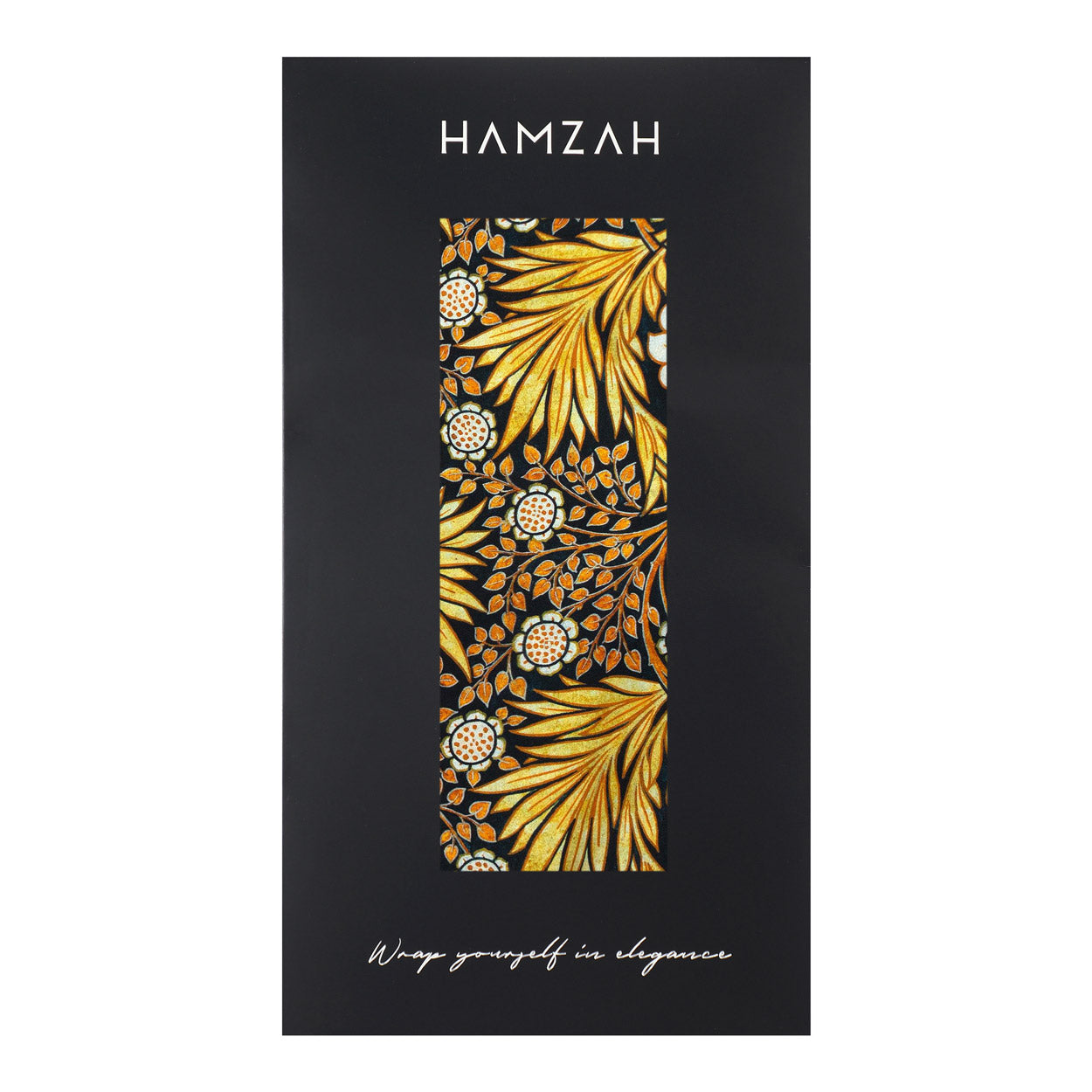 Hamzah gold and black scarf packaging