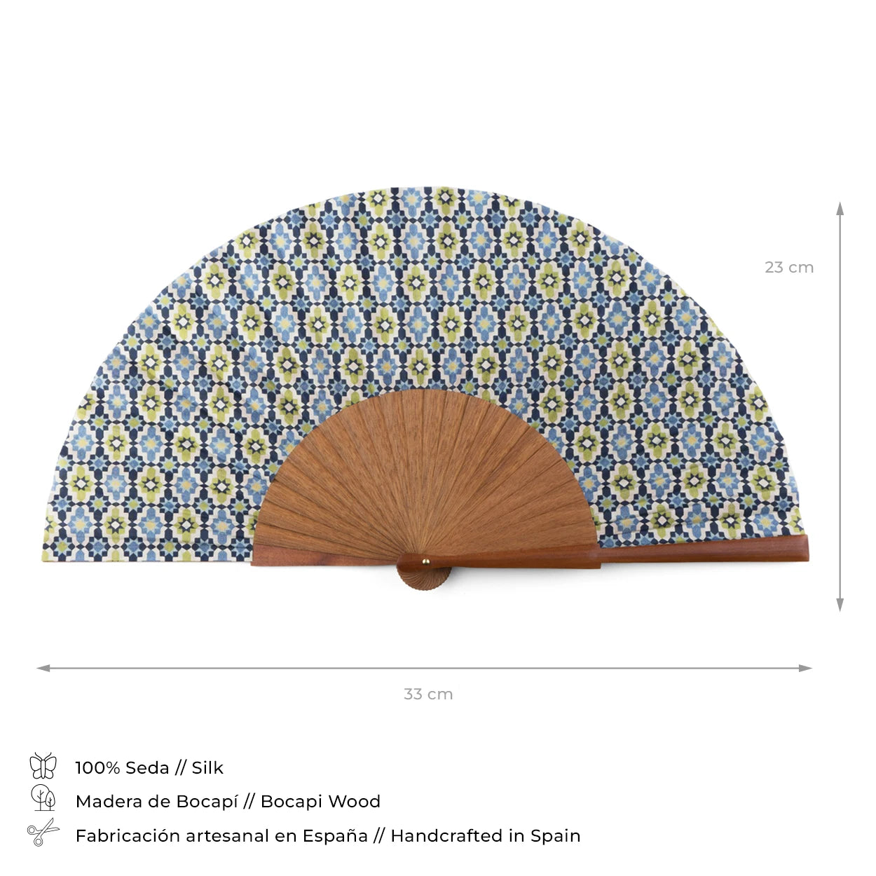 Specifications of blue and green islamic art inspired silk hand fan