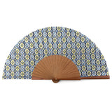 Blue and green silk hand fan with real wood inspired by Islamic Art geometries