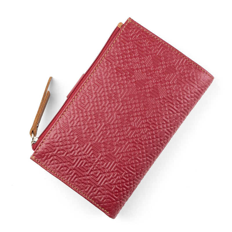 Red leather wallet for women with embossed design inspired by Islamic Art