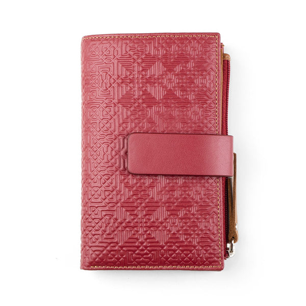 Red leather wallet for women with strap closure and coin purse