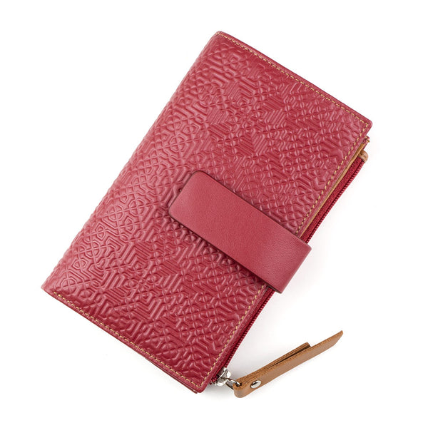 Islamic art embossed leather wallet for women in red color
