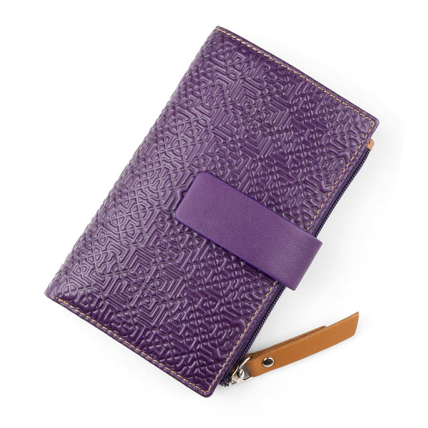 Handmade leather wallet for women's purple color and islamic art inspired embossed design