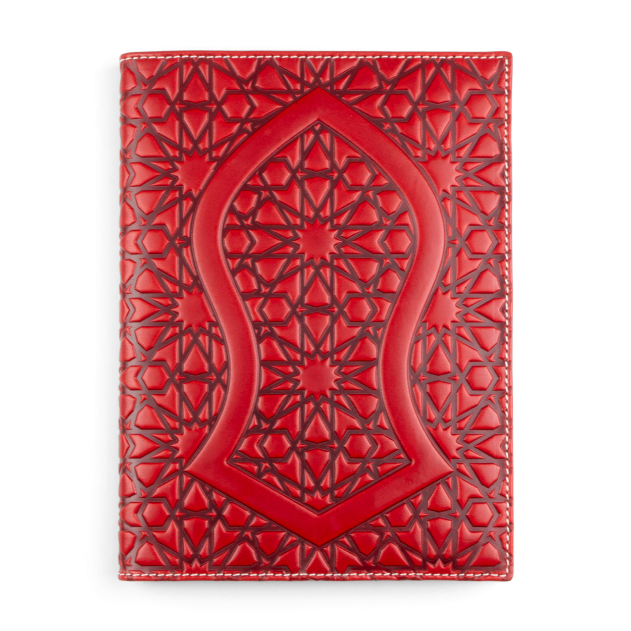 A red leather notebook cover featuring an embossed Nalayn-inspired design in the center, framed by a rich geometric pattern derived from Islamic art. The intricate details are enhanced by the contrast of the white stitching along the edges.