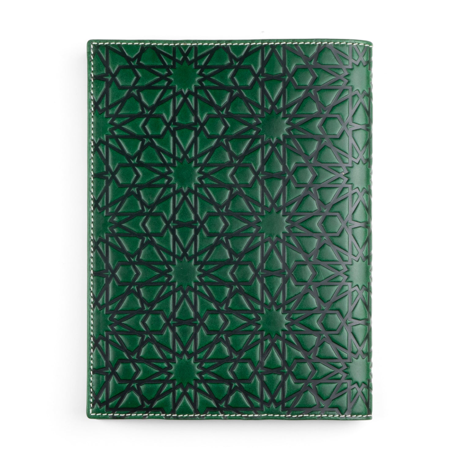 A dark green leather notebook cover embossed with intricate Islamic geometric patterns, featuring repeating star and polygon motifs. The high-quality leather is bordered with white stitching, giving it an elegant finish