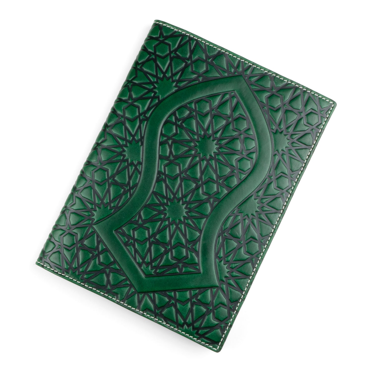 A green leather notebook cover with an embossed Nalayn-inspired design, the sandal of the Prophet Muhammad (SAW), centered on the cover and surrounded by detailed Islamic geometric patterns. The cover's edges are finished with white stitching.