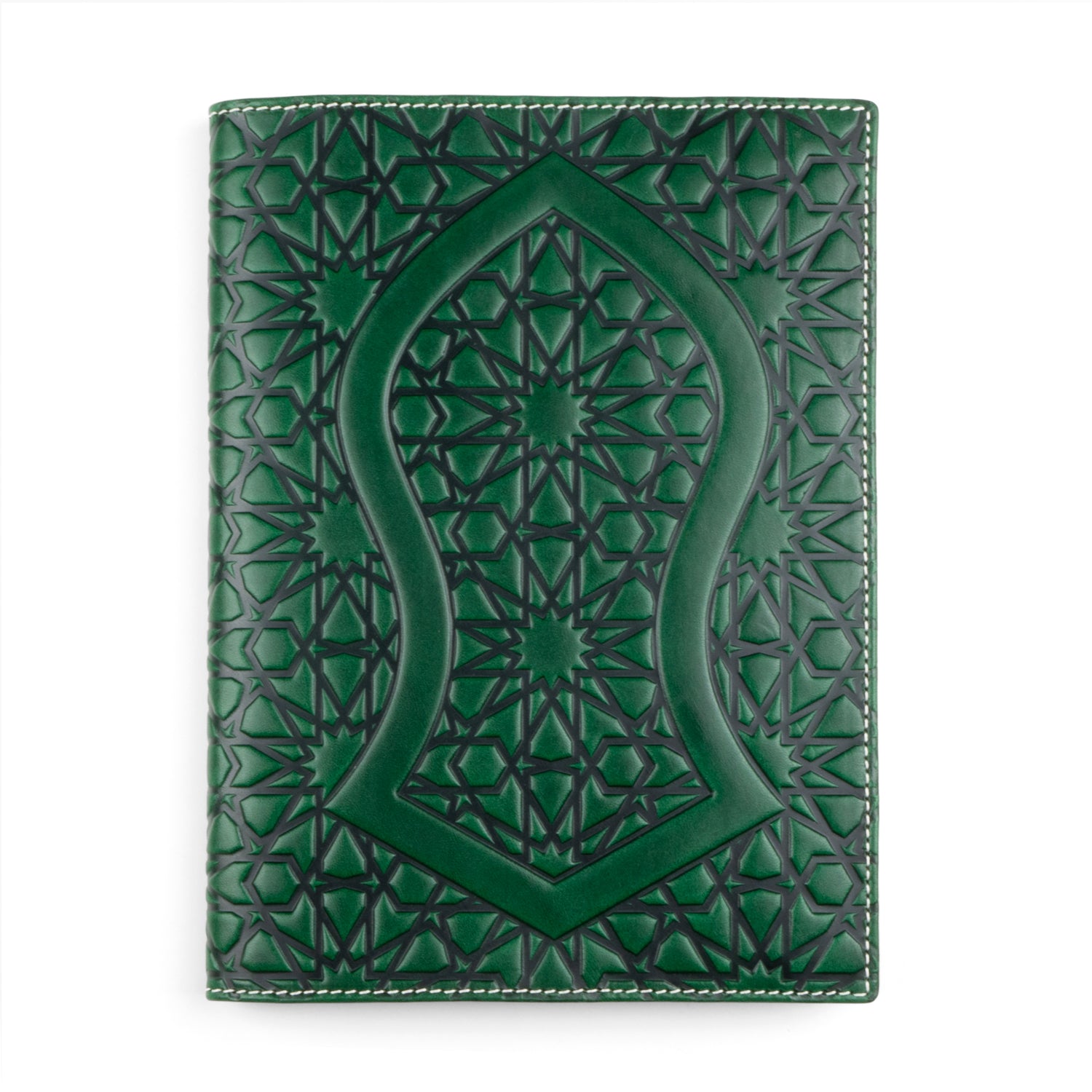 A green leather notebook cover showcasing an elegant Nalayn design in the middle, framed by intricate geometric shapes inspired by traditional Islamic art. The design is embossed on smooth cowhide leather, with white stitching along the borders.