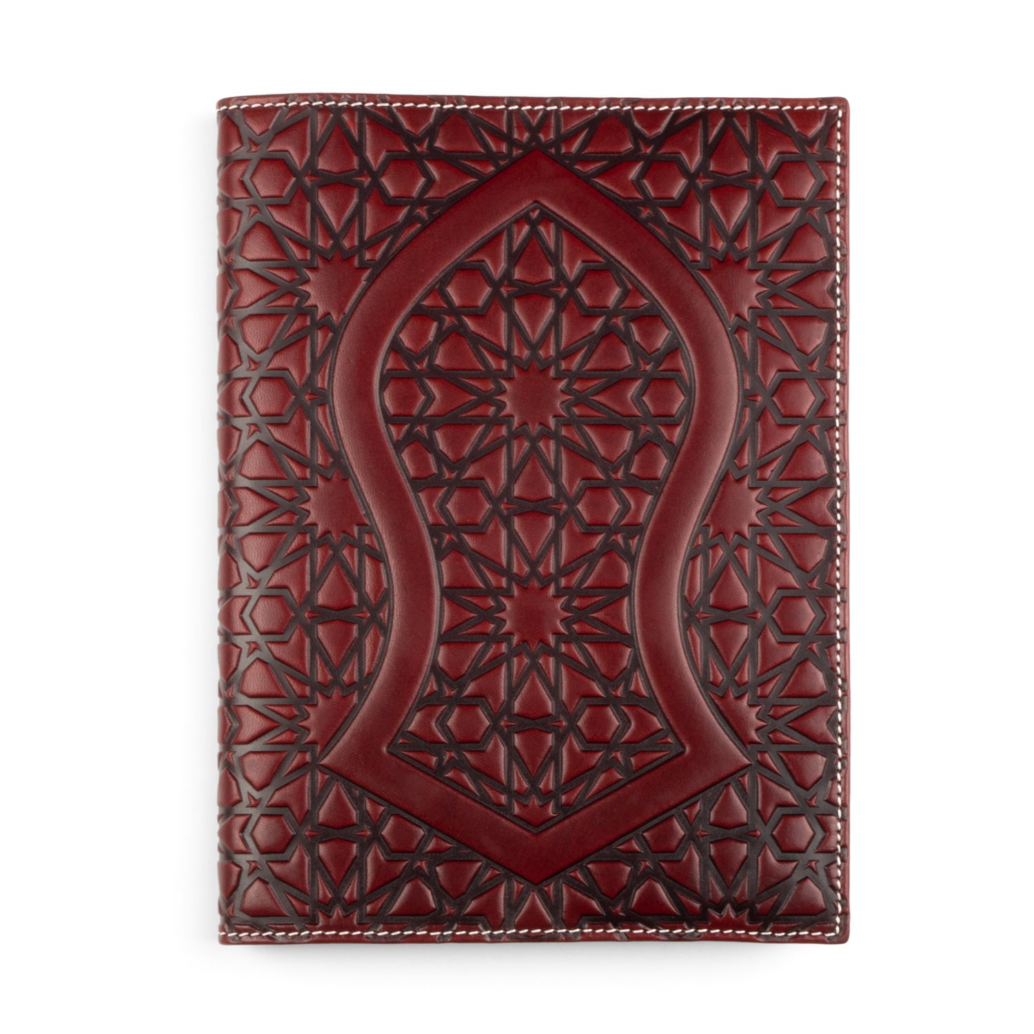  A burgundy leather notebook cover with a central Nalayn design, surrounded by a delicate pattern of stars and polygons inspired by Islamic art. The embossing adds texture and the white stitching completes the elegant look.