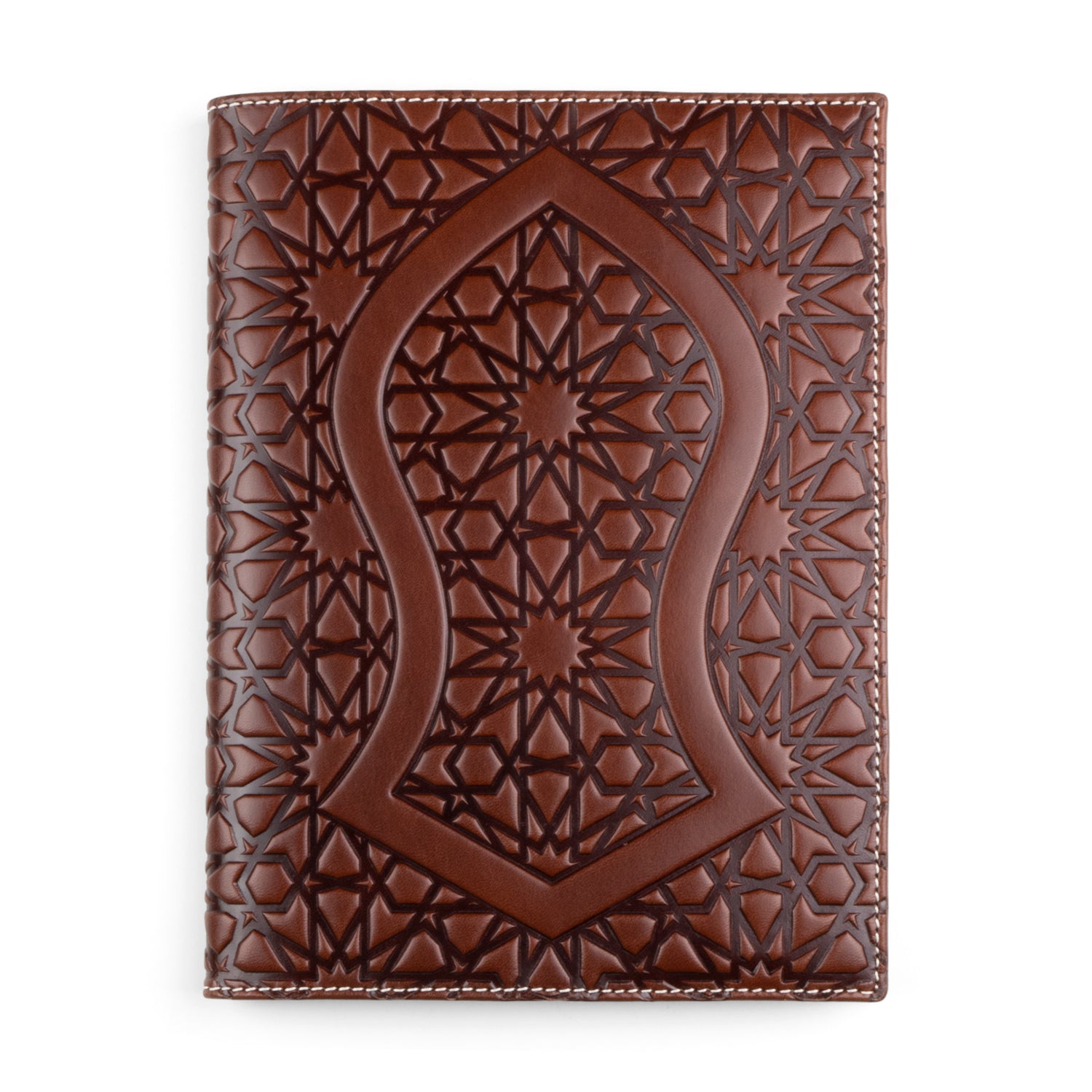 A dark brown leather notebook cover showcasing an elegant Nalayn design at the center, framed by a complex geometric pattern of stars and polygons. The embossing provides texture, and the cover is outlined with clean white stitching.