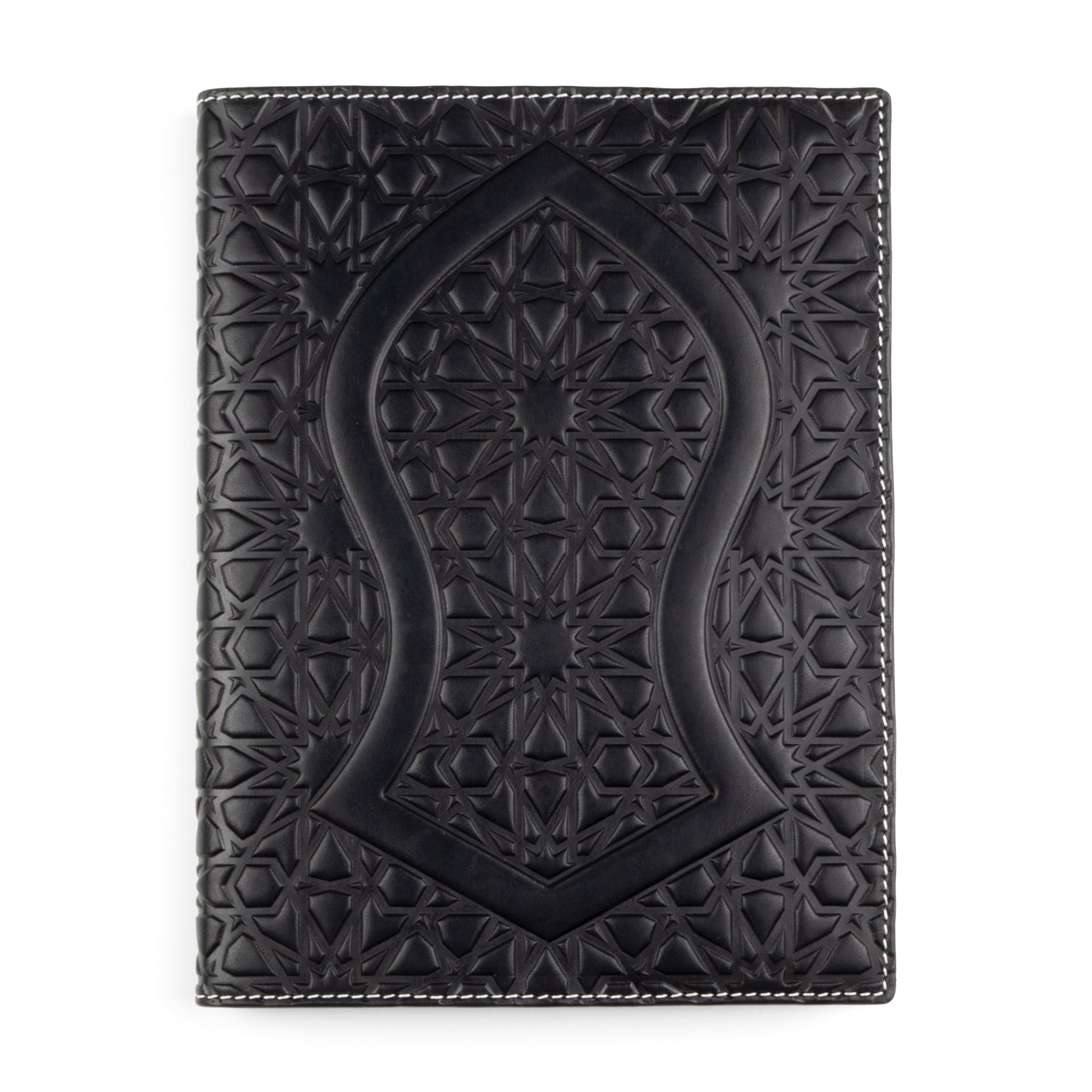 A black leather cover with a symmetrical, arch-shaped design embossed in the middle, surrounded by an Islamic art-inspired geometric pattern. The repeating stars and polygonal shapes create a striking contrast in the texture of the cowhide leather, complemented by white stitching along the border.