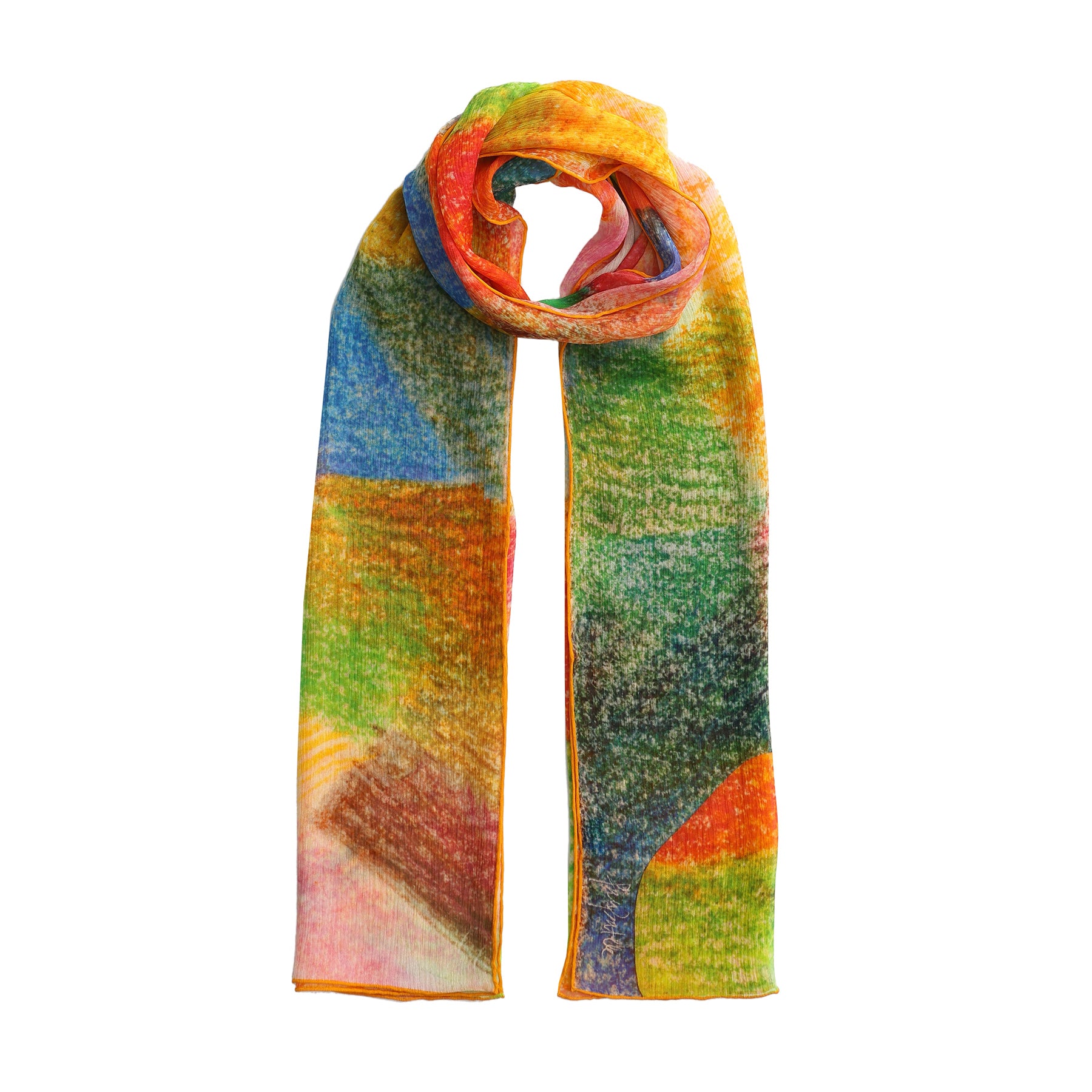 The Multicolor Silk Scarf Calidoscopic, crafted from muslin silk, features a vivid abstract design in orange, green, blue, yellow, and pink—true wearable art shown draped elegantly against a white background.