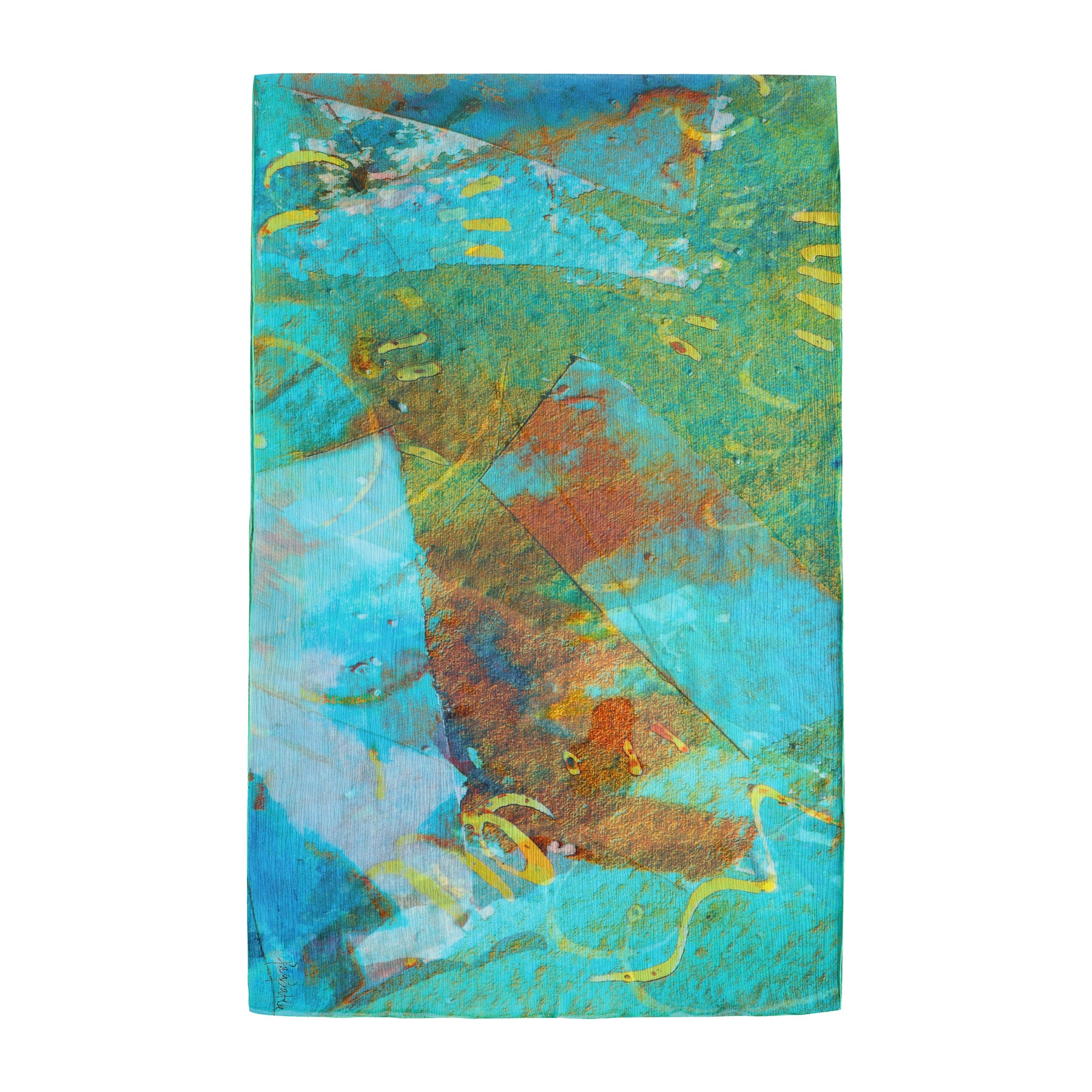 The Multicolor Silk Scarf Oxido Marino features abstract teal, aqua, blue, and orange geometric patterns with yellow squiggles and brushstroke textures—an artistic muslin silk accessory on a crisp white background.