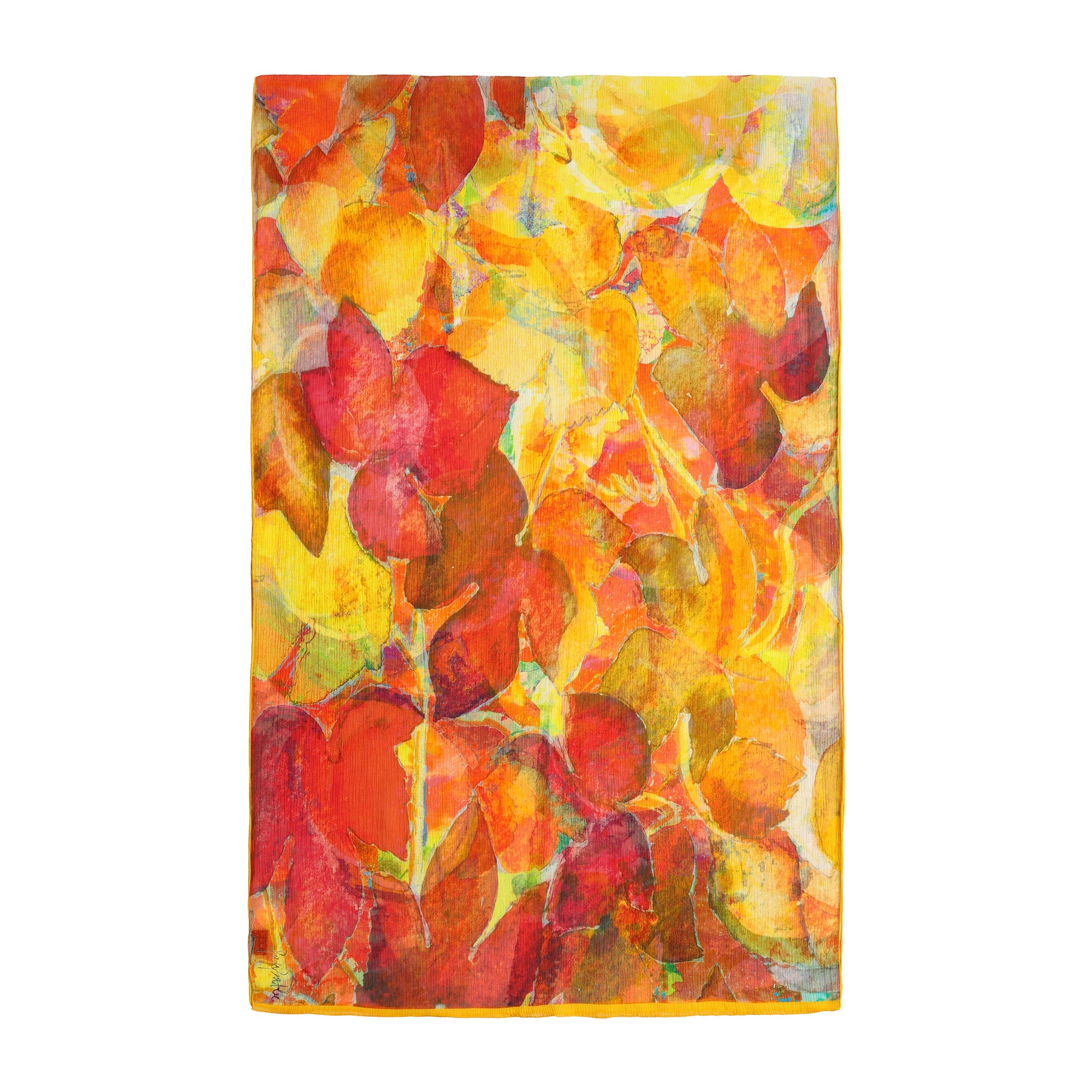 The Multicolor Silk Scarf Demeter features an abstract pattern of overlapping autumn leaves in vibrant red, orange, and yellow on white muslin silk—an elegant accessory and wearable artwork.