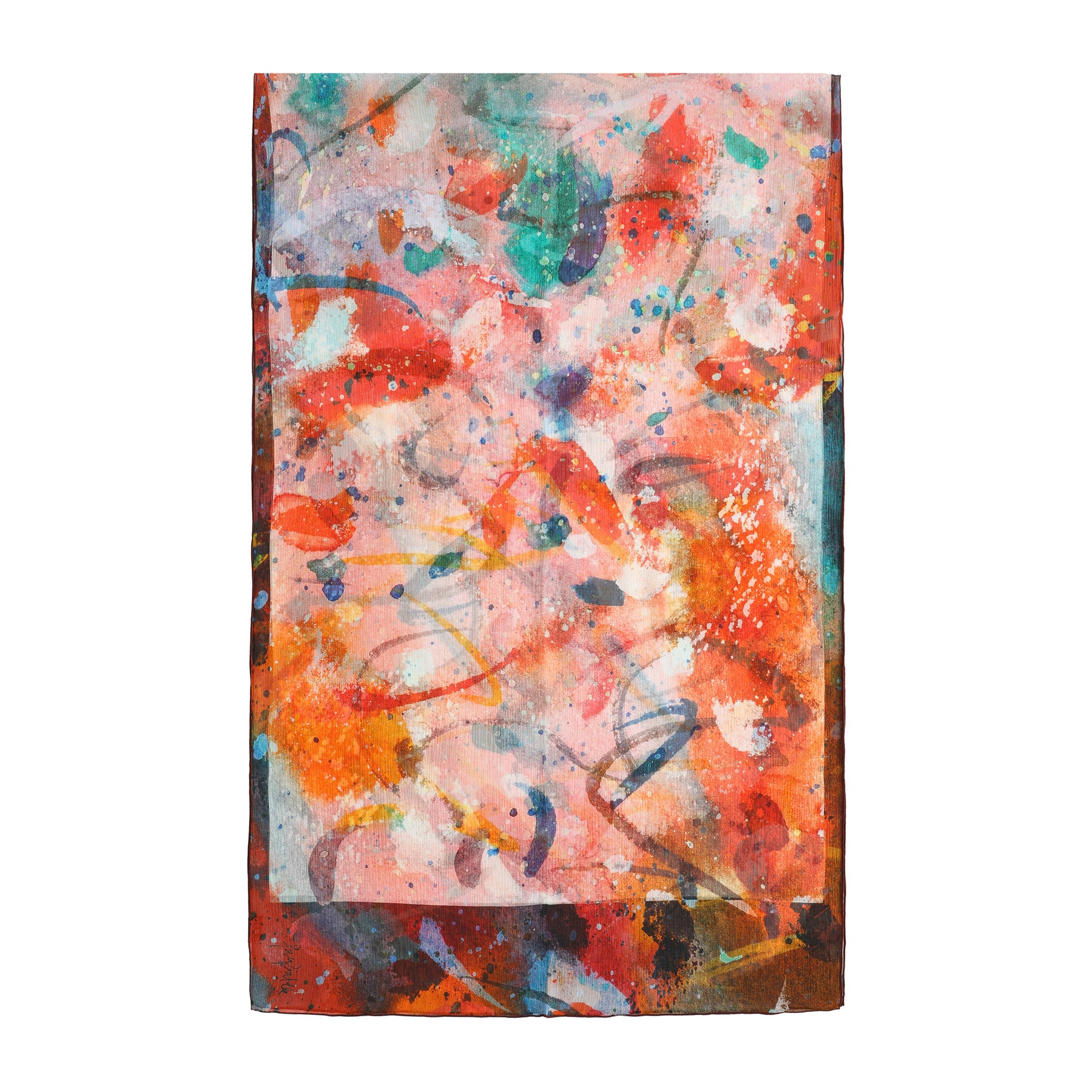 The Multicolor Silk Scarf Cangrejos showcases vibrant splashes and swirls of red, orange, blue, and white, creating dynamic energy on luxurious silk reminiscent of an abstract painting.
