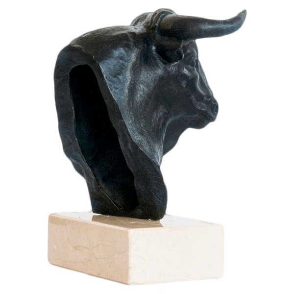 Back view of bronze bull head mounted on marble base