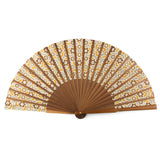 Rear view of silk and wood hand fan with Islamic art inspired print