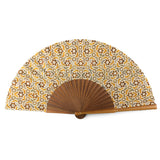 Silk and wood hand fan with brown and yellow islamic art pattern