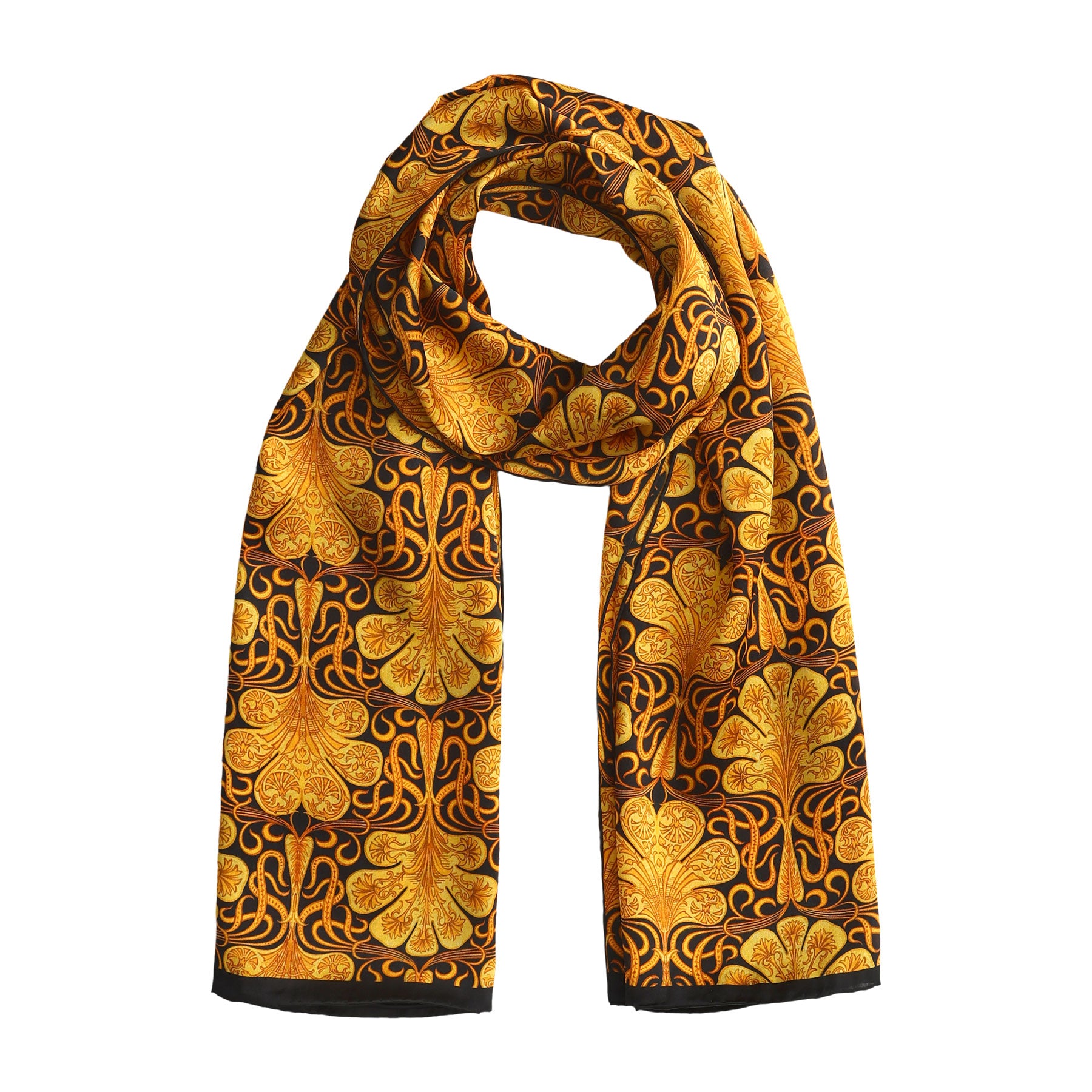Long black silk scarf draped in a casual loop, highlighting the repeating gold leaf and scroll pattern for an elegant statement.