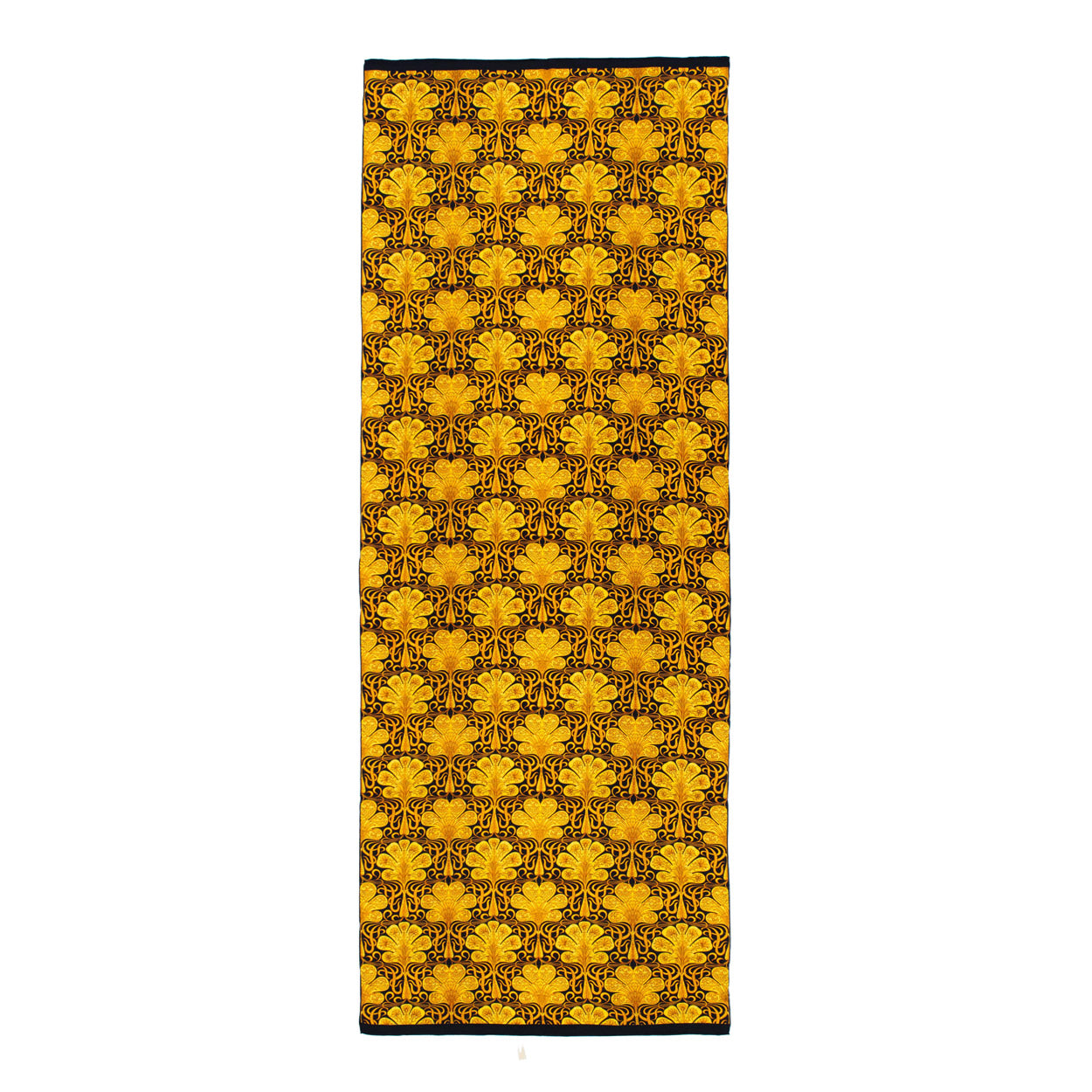 Full rectangular black silk scarf showing a repeating design of bold gold motifs that create a luxurious, baroque-inspired look