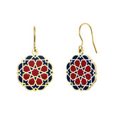 Burgundy and blue enamel earrings with islamic art inspired pattern