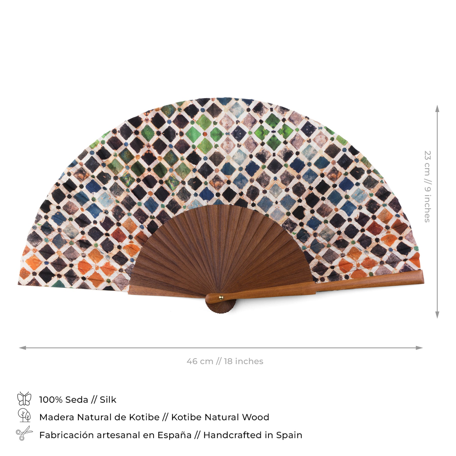 The Alhambra inspired silk hand fan Comares features a colorful geometric pattern, handcrafted in Spain from silk and natural Kotibe wood. Measuring 46 cm wide by 23 cm high, this decorative Islamic art fan brings elegance to any space.