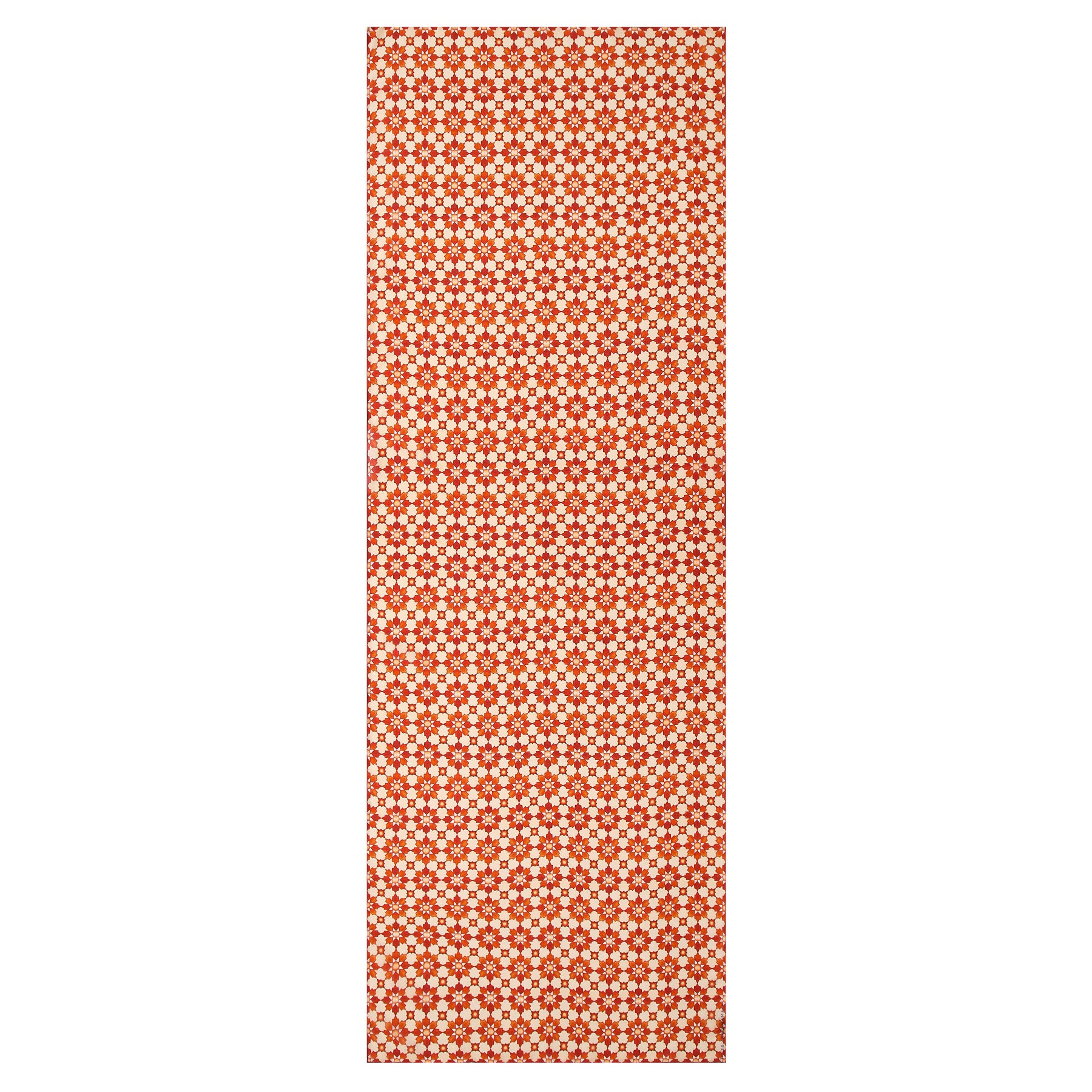 An orange silk scarf featuring an Islamic Cosmo print, showcasing a repeating geometric floral pattern inspired by Andalusian art, viewed from above.