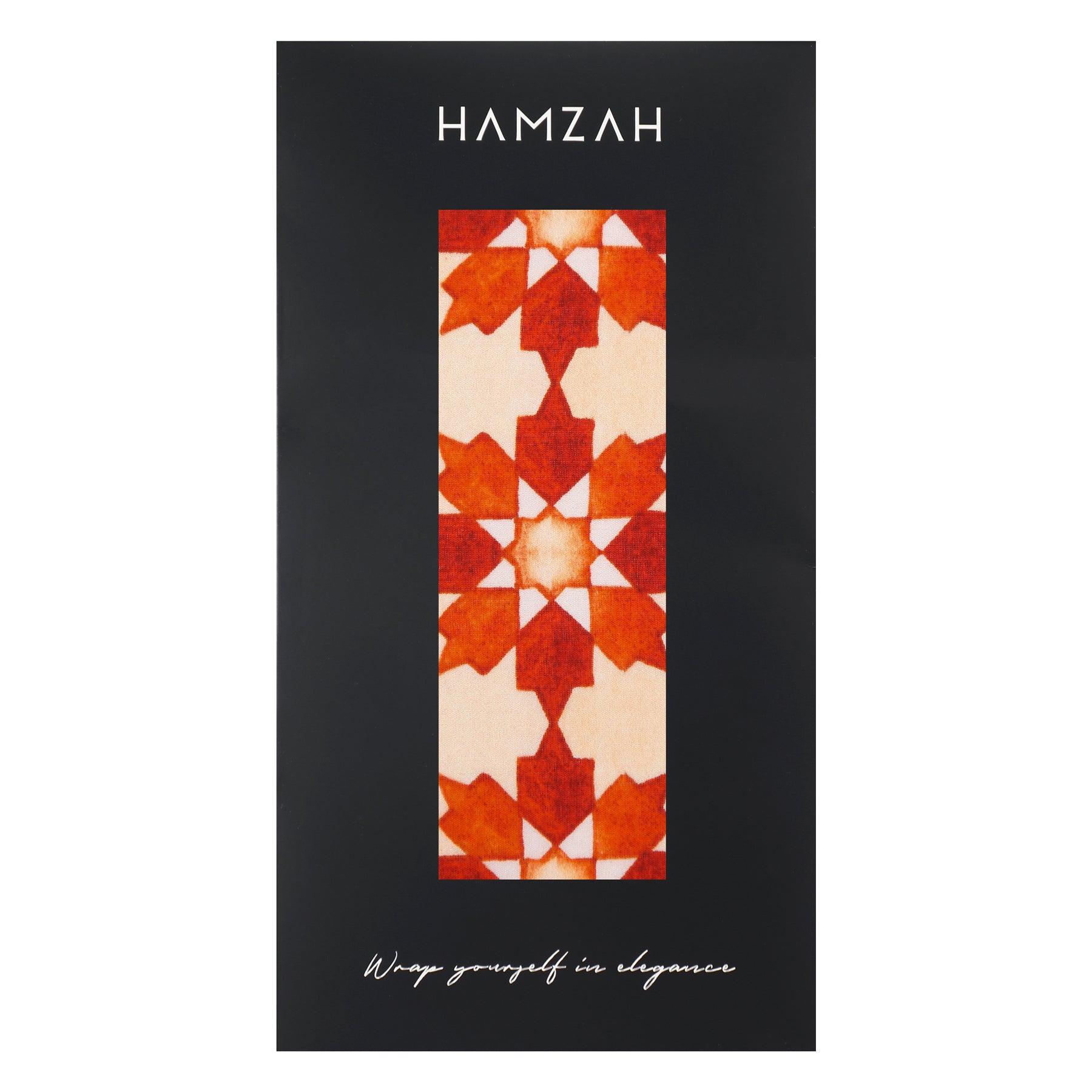 A rectangular package labeled "Orange Silk Scarf with Islamic Print Cosmo" displays bold watercolor geometric designs inspired by Andalusian art and the phrase "Wrap yourself in elegance" at the bottom.
