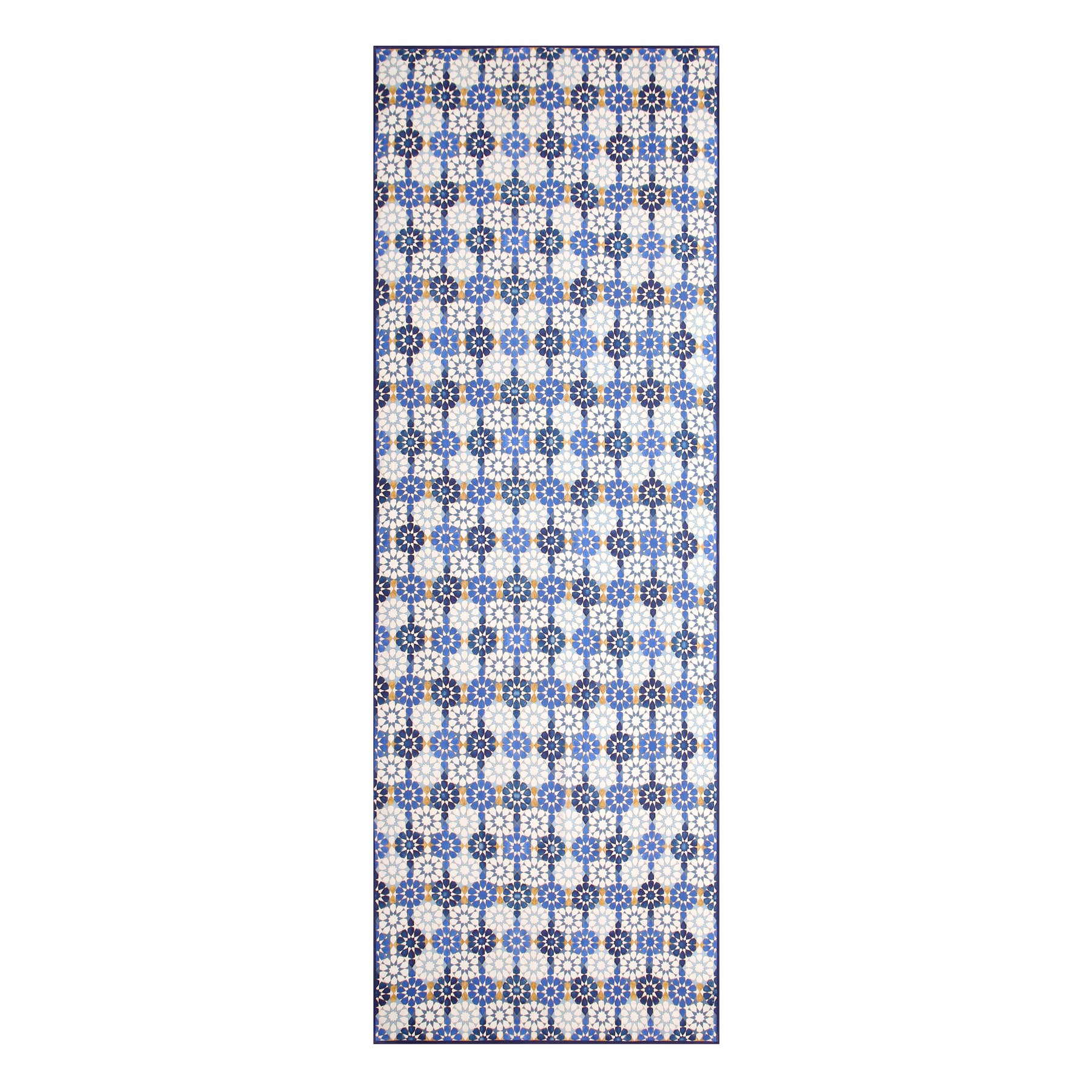 A blue and gold printed scarf made from 100% modal, featuring a repeating geometric pattern inspired by Islamic design, with intricate shapes arranged symmetrically and finished with a slim blue border.