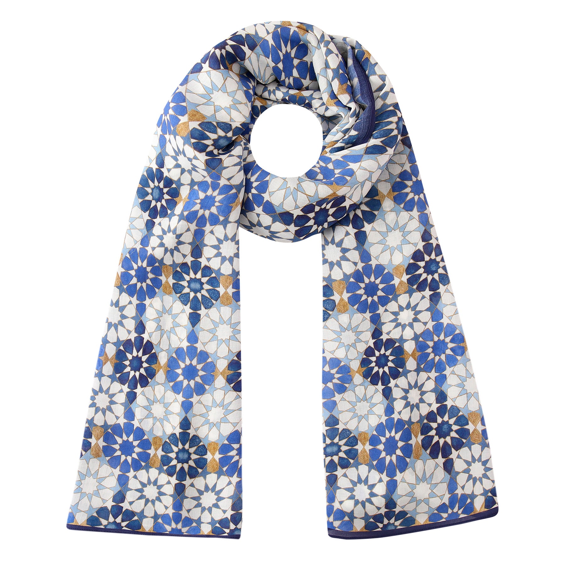 The Blue and Gold Printed Scarf - 100% Modal features an Alhambra-inspired geometric mosaic pattern in blue, white, and gold, elegantly displayed on a white background.