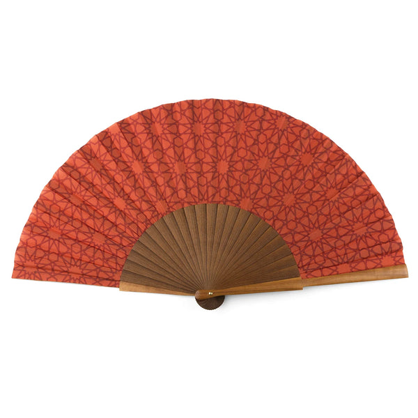 Red folding fan with islamic art inspired print and with real wood