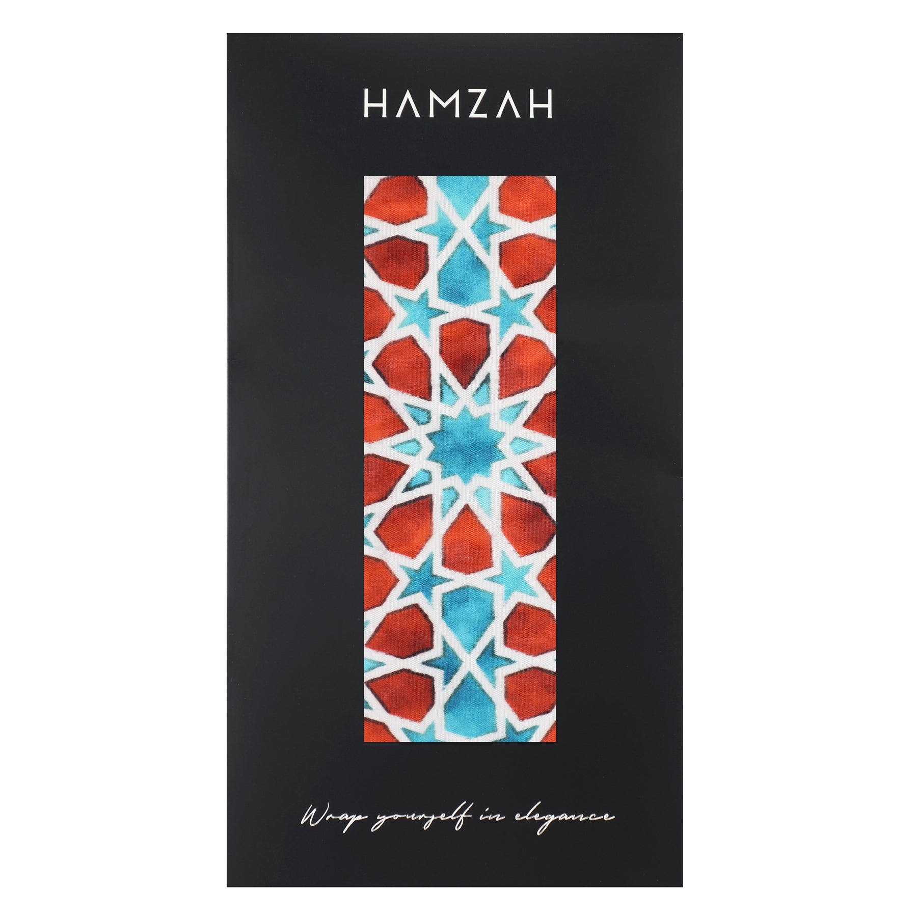 A rectangular black package with HAMZAH at the top, showcasing Al-Andalus geometric patterns in red, white, and turquoise. At the bottom: Wrap yourself in elegance with the Brown and Blue Silk Scarf Fatima.