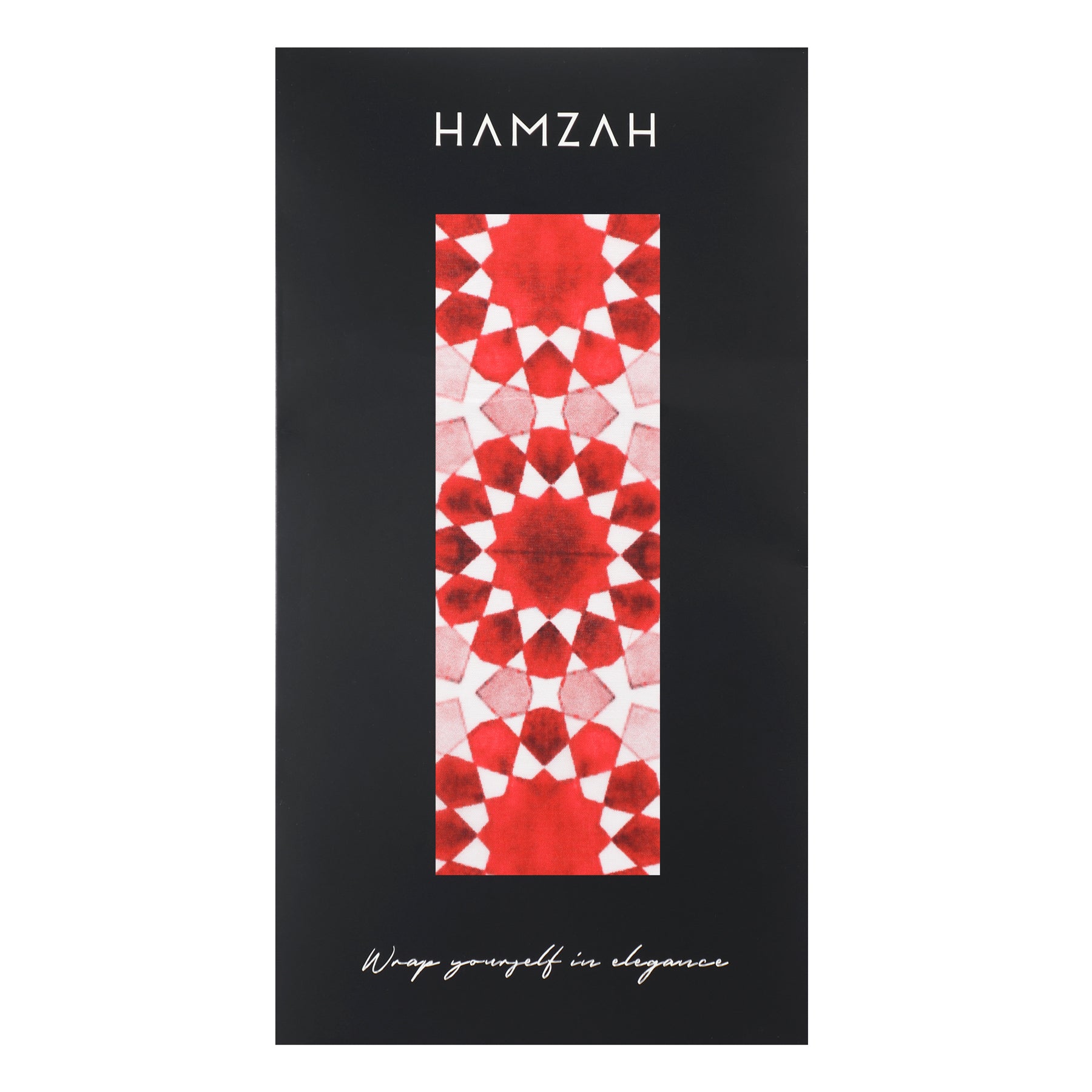 A black rectangular package with HAMZAH at the top and a bold red and white Moroccan-inspired geometric strip displays the Najma Red Silk Scarf. At the bottom, it reads, Wrap yourself in elegance.