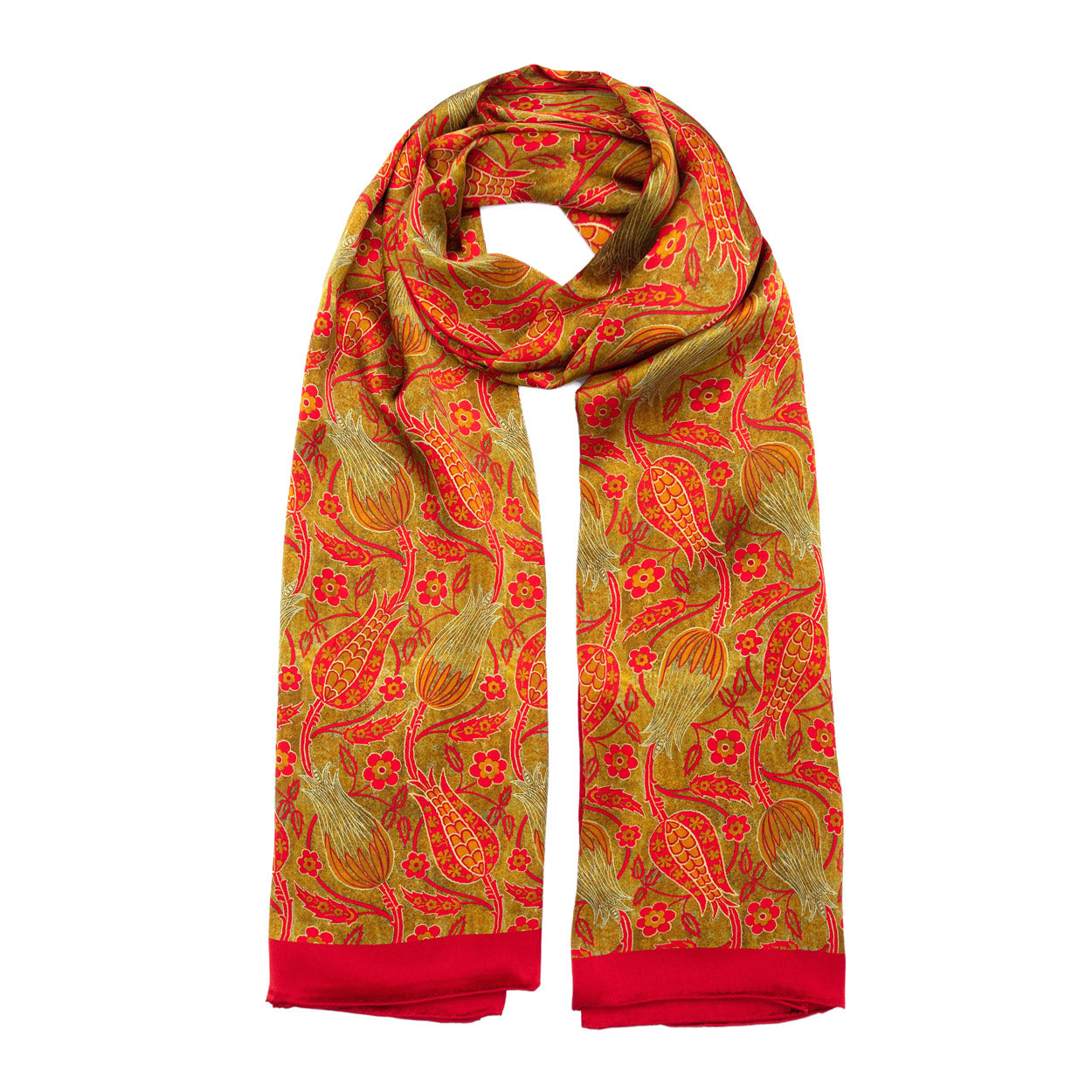 Long floral silk scarf casually draped, displaying a mix of red and gold motifs for a luxurious, statement-making piece.