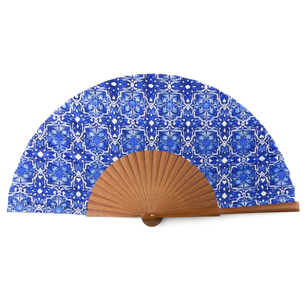 Blue and white folding hand fan wit islamic art inspired print