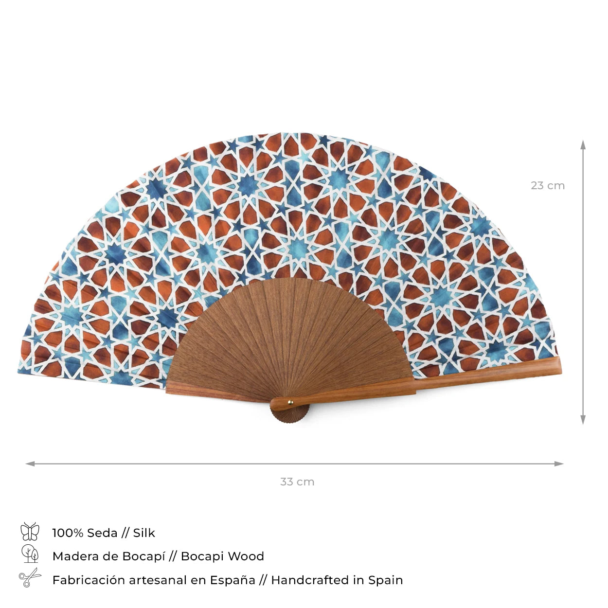 Islamic art inspired blue and brown silk hand fan