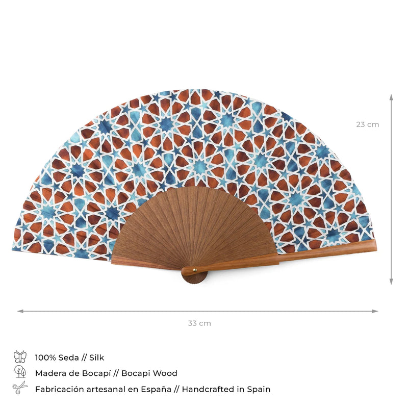 Islamic art inspired blue and brown silk hand fan