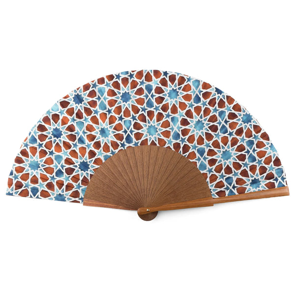 Brown and blue silk hand fan with real wood