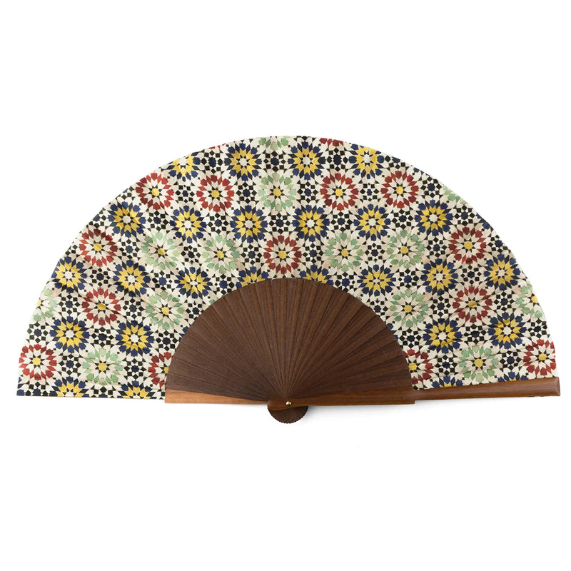 Moroccan tiles inspired silk hand fan with real wood