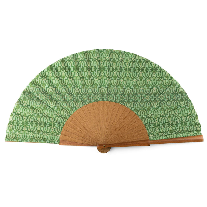 Green silk and wood hand fan inspired by Islamic Art prints