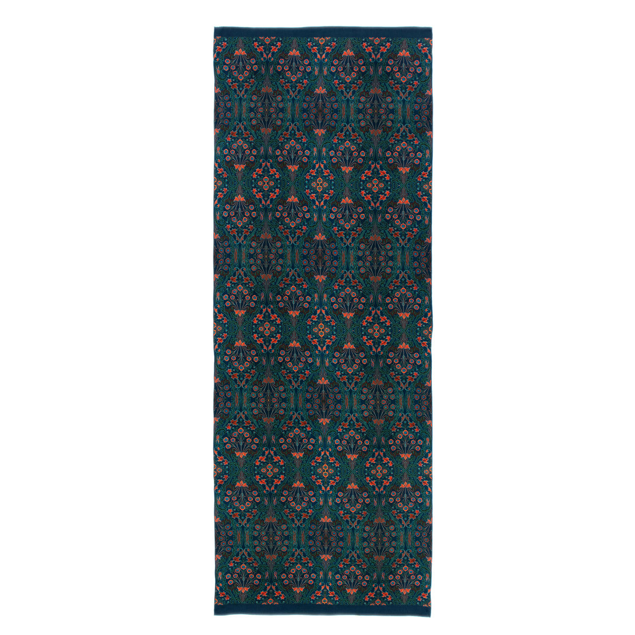 Full rectangular layout of a teal silk scarf featuring intricate red and orange floral print motifs and a subtle matching border.