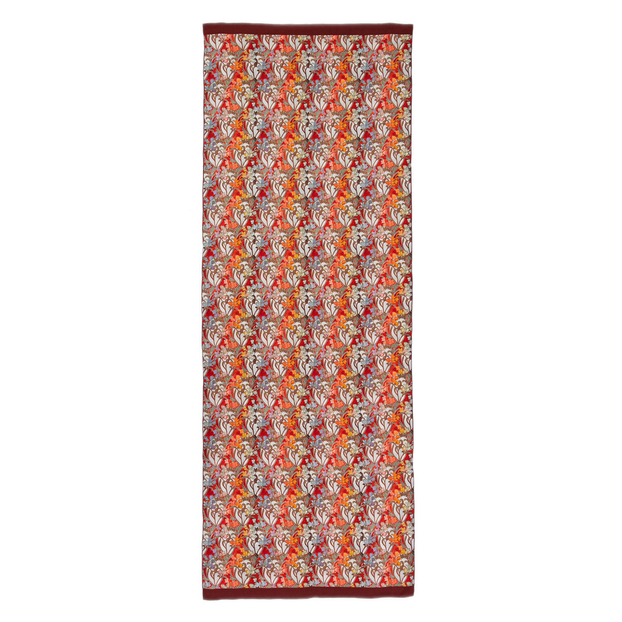 Complete rectangular view of a warm-toned art deco silk scarf, featuring an all-over floral pattern and matching border.